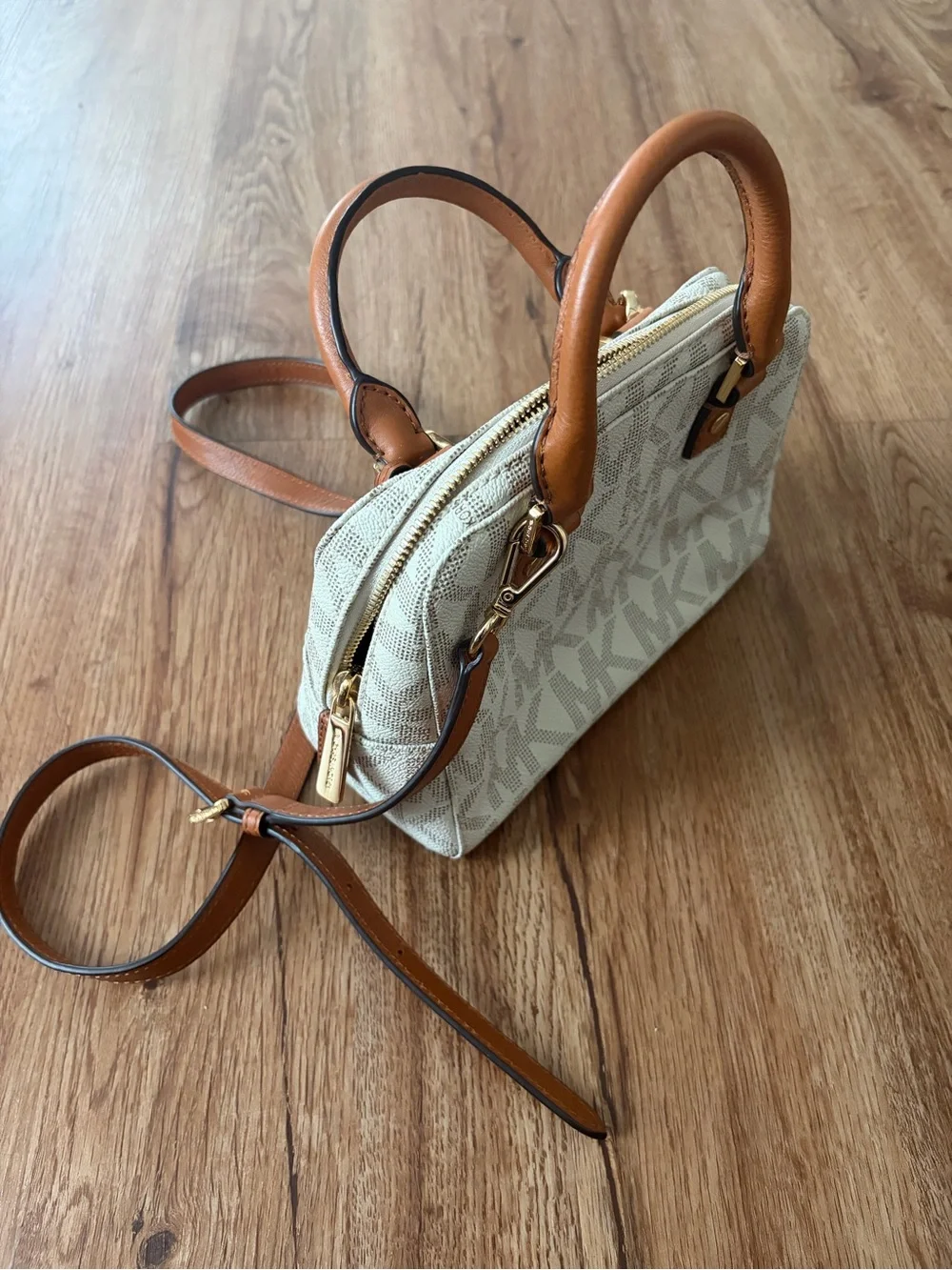Michael Kors Beige Logo Satchel with Tan Leather Trim